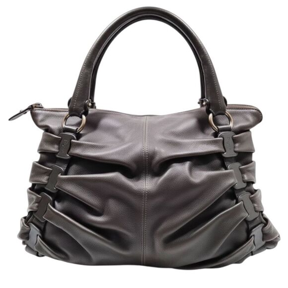 Salvatore Ferragamo Handbags - Auth Salvatore Ferragamo Ruched Gathered Pleated Gray Leather Shoulder Bag Hobo